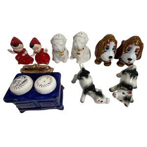 Set Of 5 Vintage Ceramic Salt Pepper Shakers Dogs Stove Cows Hand-Painted Japan